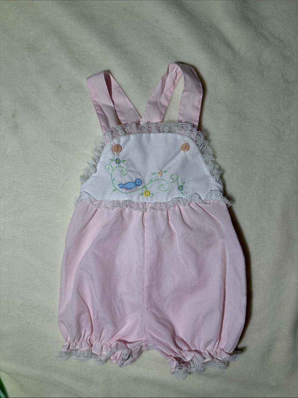 Vintage Baby Girls Pink Embroidered Romper with Lace Trim